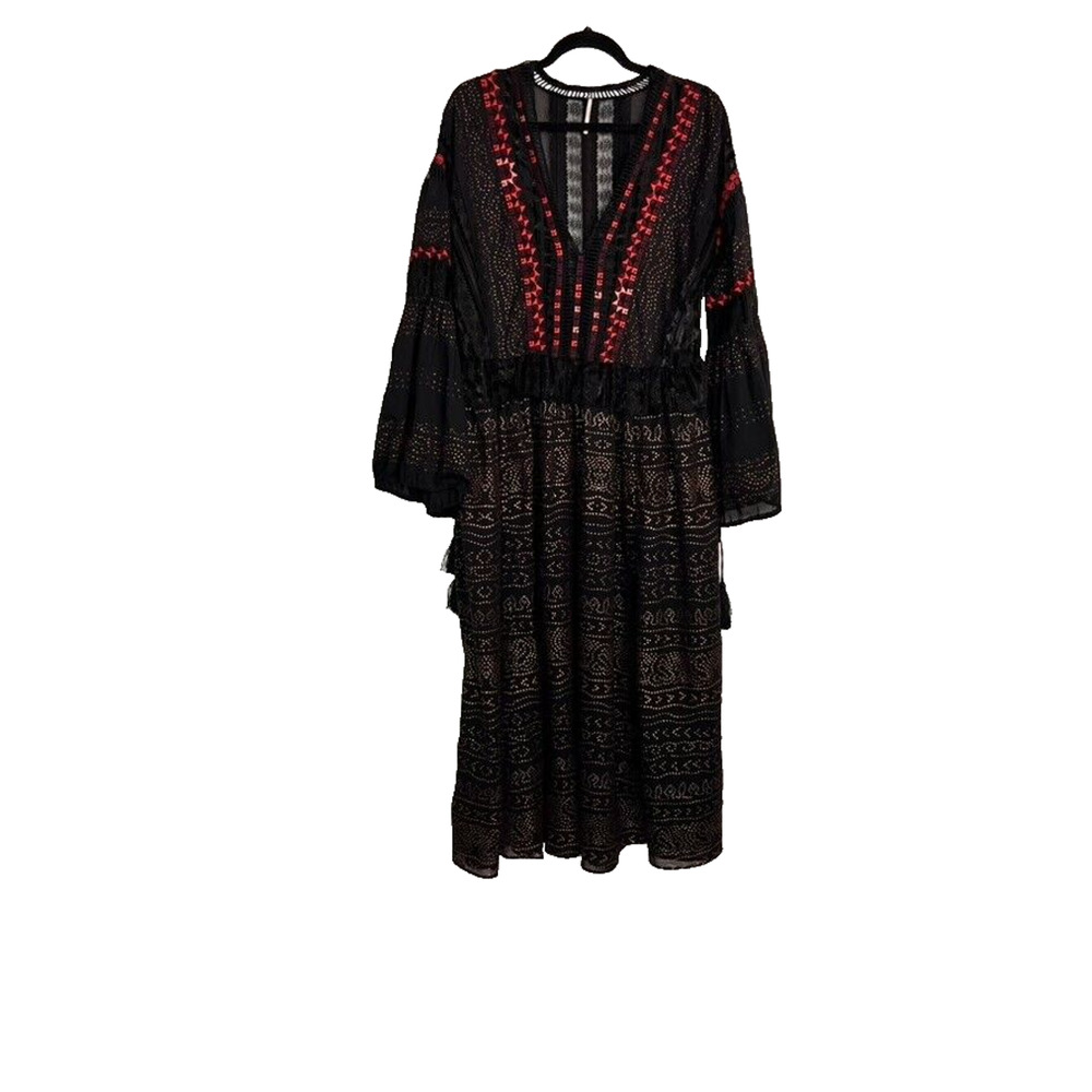 Free People Dress Small Starry Night Maxi Black Long Sleeve V Neck Embroidered